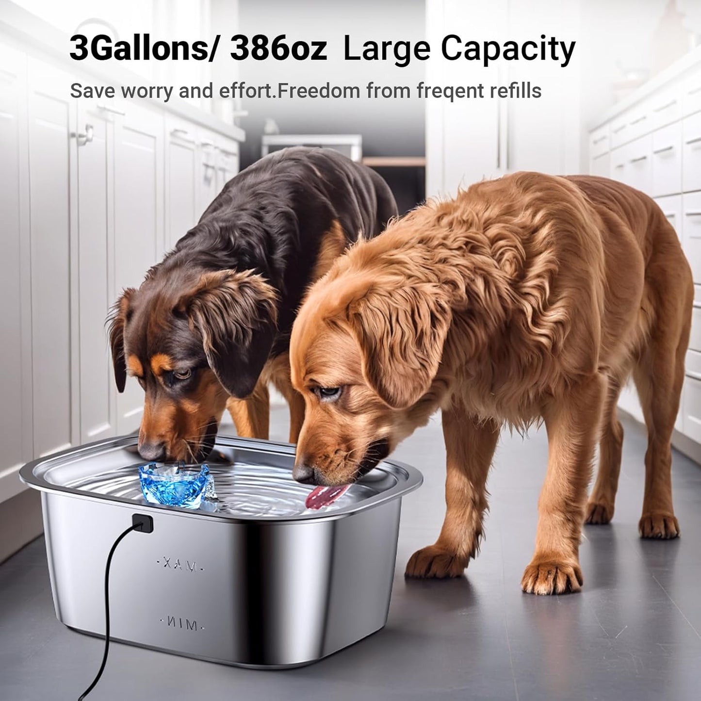 Stainless Steel Dog Water Fountain,3 Gallon Large Pet Water Fountains for Dogs and Cats, 11L /386oz Dog Water Bowl Dispenser w/Filter Drinking Bowls Indoor, Cat Founatin Quiet Pump, Easy to Use
