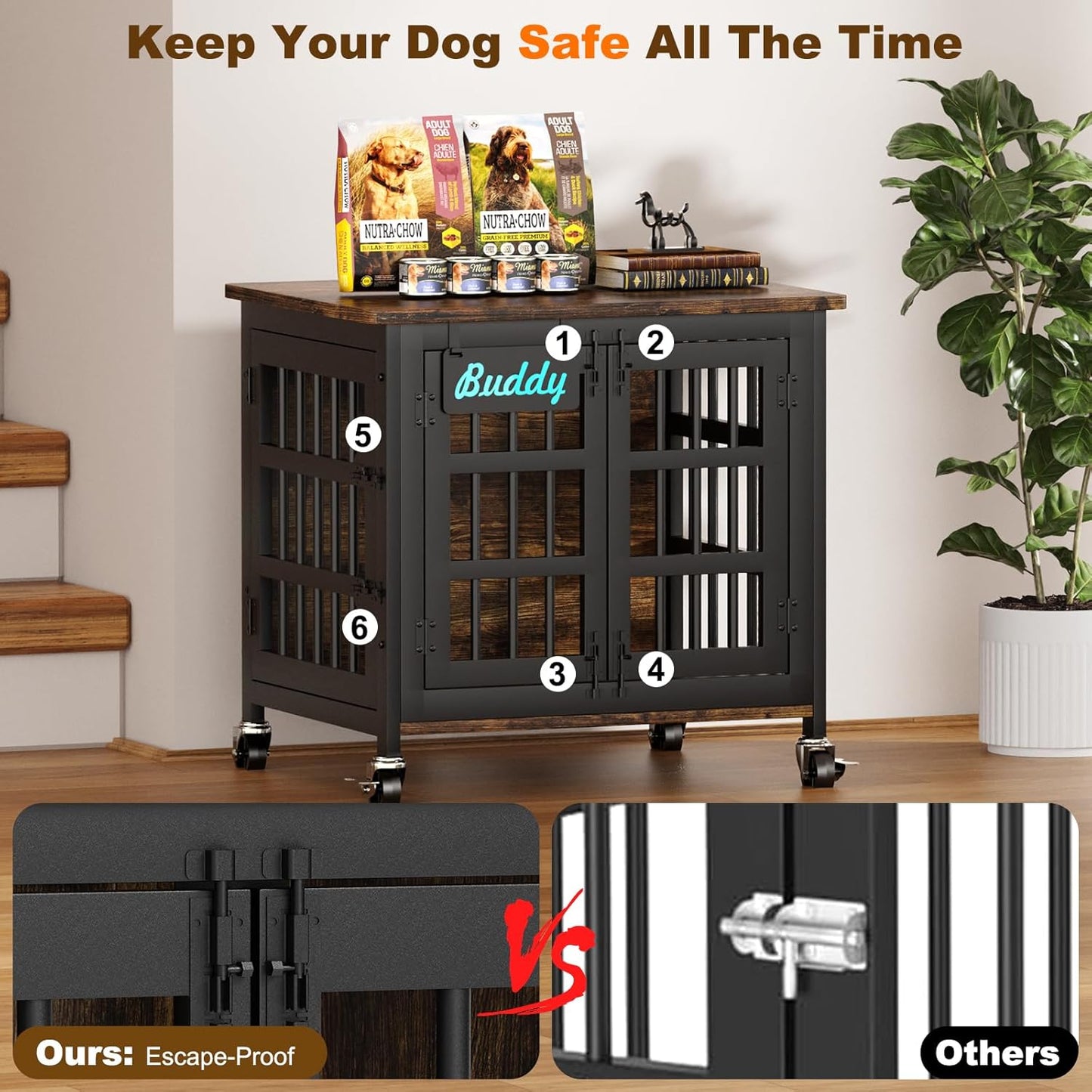 EasyCom Heavy Duty Dog Kennel Indoor with Name Tag, 27" Dog Crate Furniture for Small Dogs, Double-Doors Sturdy Metal Dog Cage for Anxiety Dog