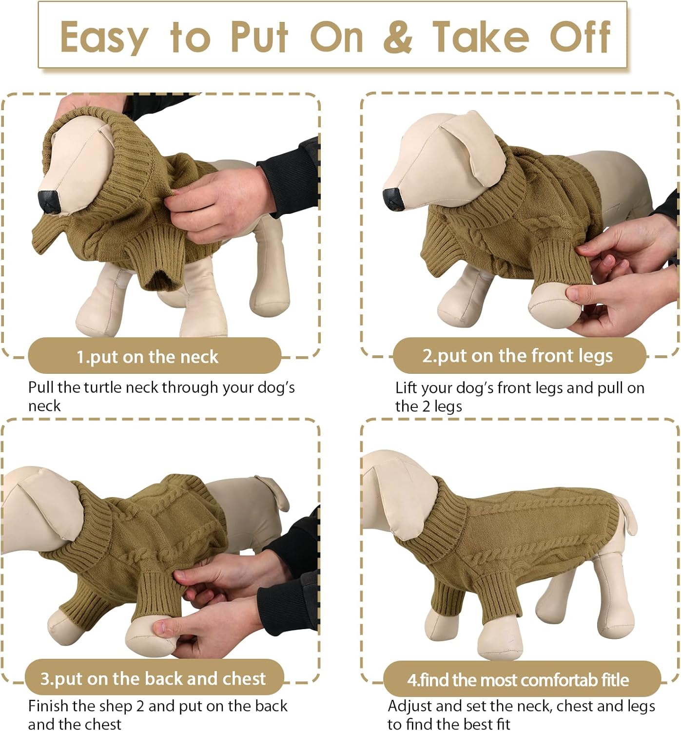 Queenmore Small Dog Pullover Sweater, Cold Weather Cable Knitwear, Classic Turtleneck Thick Warm Clothes for Chihuahua, Bulldog, Dachshund, Pug (Light Brown, X-Large)