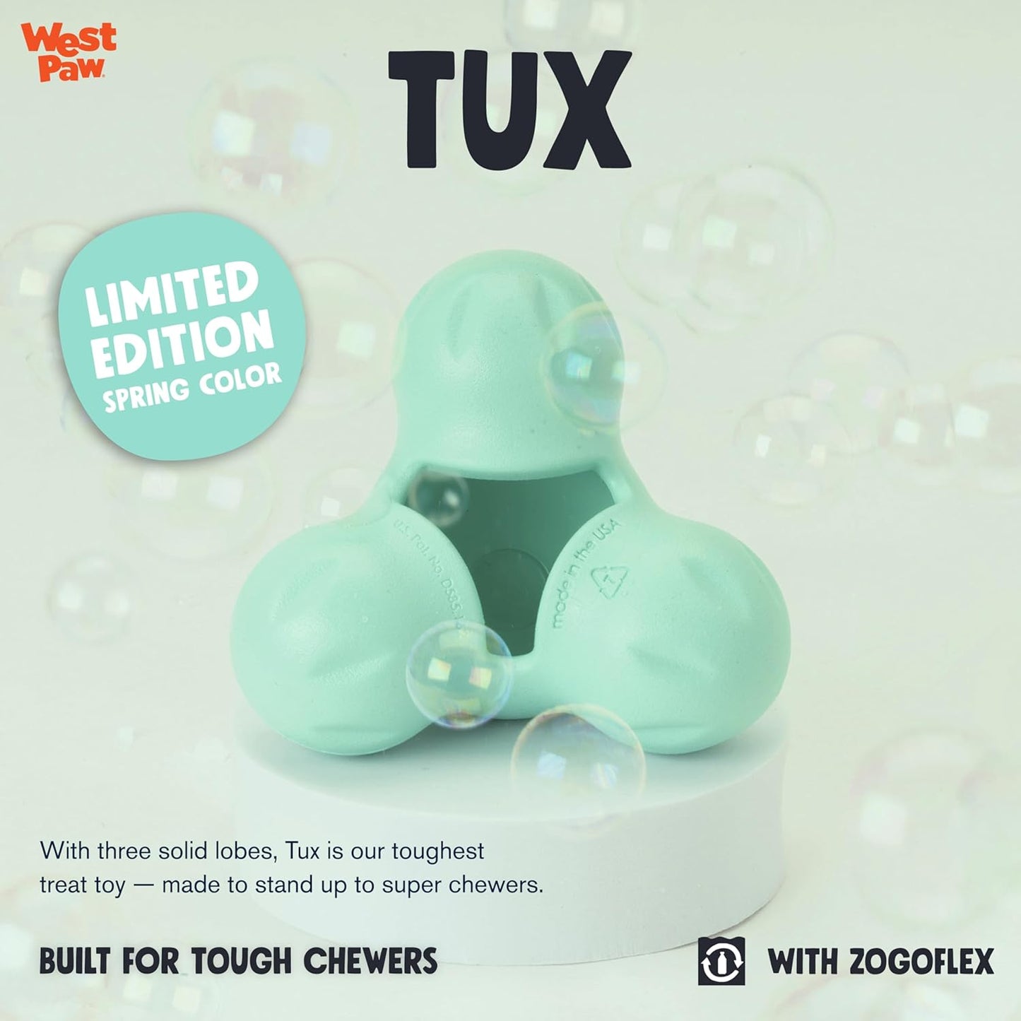 WEST PAW Zogoflex Tux Treat Dispensing Dog Chew Toy – Interactive Chewing Toy for Dogs – Dog Games for Aggressive Chewers, Fetch, Catch – Holds Kibble, Treats, Large 5", Mint