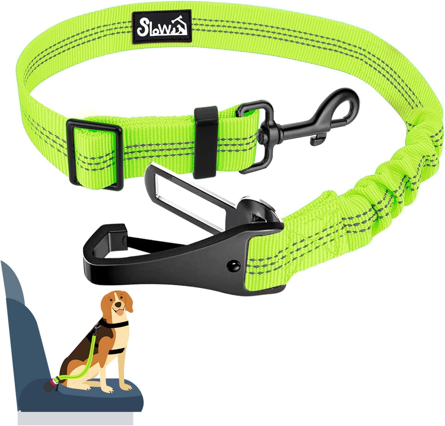SlowTon Dog Seat Belt, Adjustable Dog Safety Belt Leash, 2 in 1 Latch Bar Attachment Dogs Car Seatbelt with Elastic Nylon Bungee Buffer, Reflective Nylon Belt Tether(VL,35.5in)