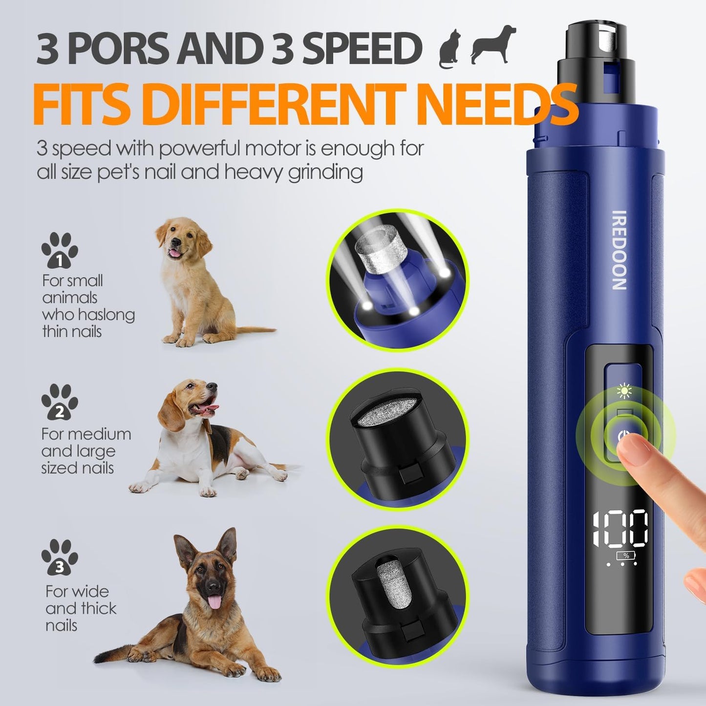 Dog Nail Grinder Upgraded - Professional 3-Speed Super Quiet and Low Vibration Electric Pet Nail Grinder with 4 LED Lights - Painless Paws Grooming & Smoothing for Small to Large Dogs (Blue)