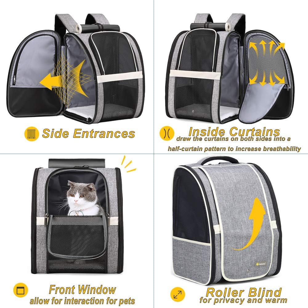 Texsens Pet Carrier Backpack with Window Blind for Small Cats Dogs, Ventilated Design, Safety Straps, Buckle Support, Collapsible, Designed for Travel, Hiking, Winter Outing, Outdoor, Go to Vet