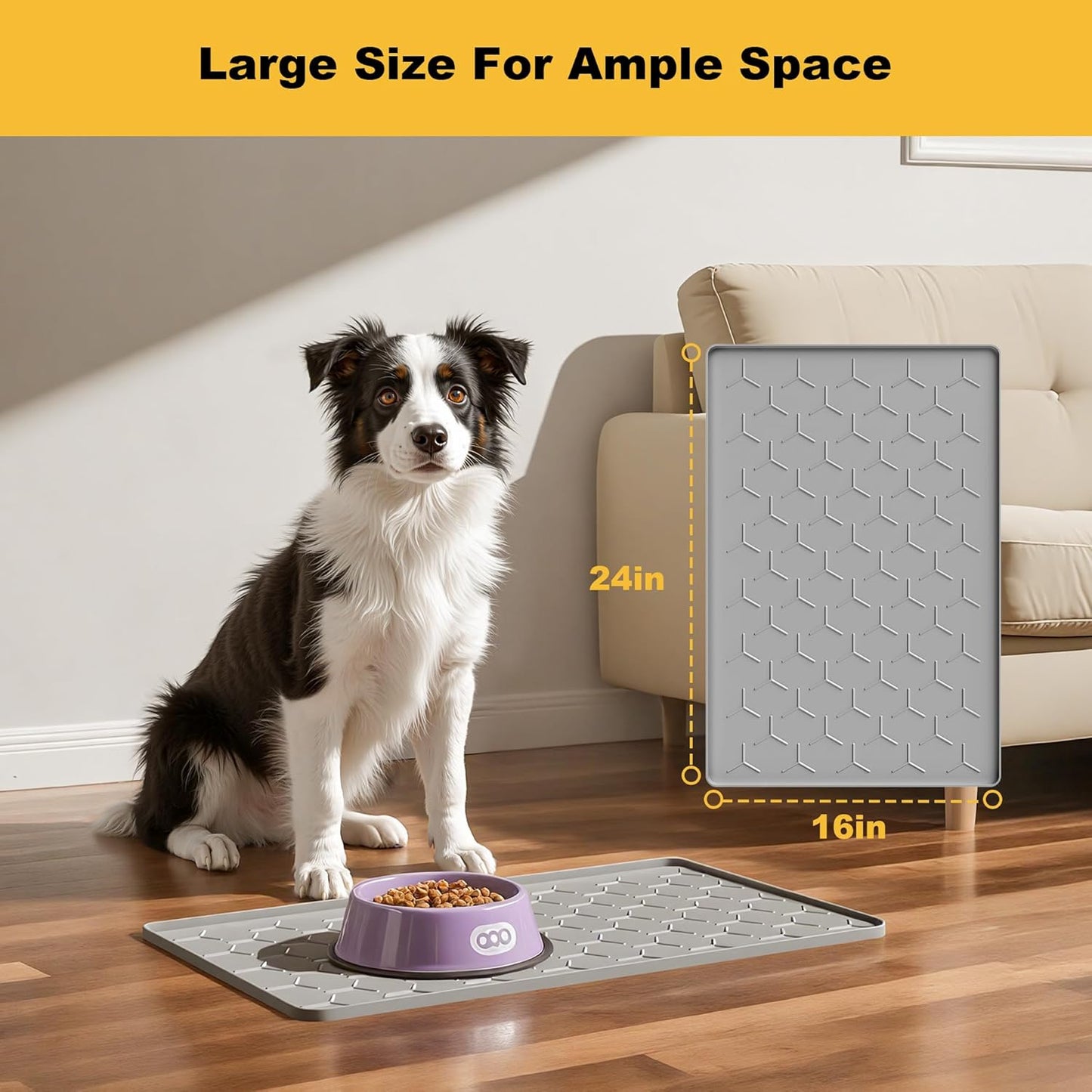 Pieviev Dog Cat Food Bowl Mat, Silicone Waterproof Food Grade Pet Food Mat for Floor, High Raised Edge to Prevent Spills, Non-Slip & Easy Clean Pet Placemat for Dog & Cat Bowls, 24''x16'', Light Gray