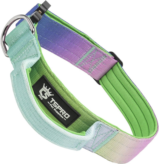 TSPRO Premium Dog Collars Tactical Dog Collar with Handle and Heavy Duty Quick-Release Metal Buckle Durable Thick and Adjustable for Medium to Large Dogs (Gradient Rainbow L)