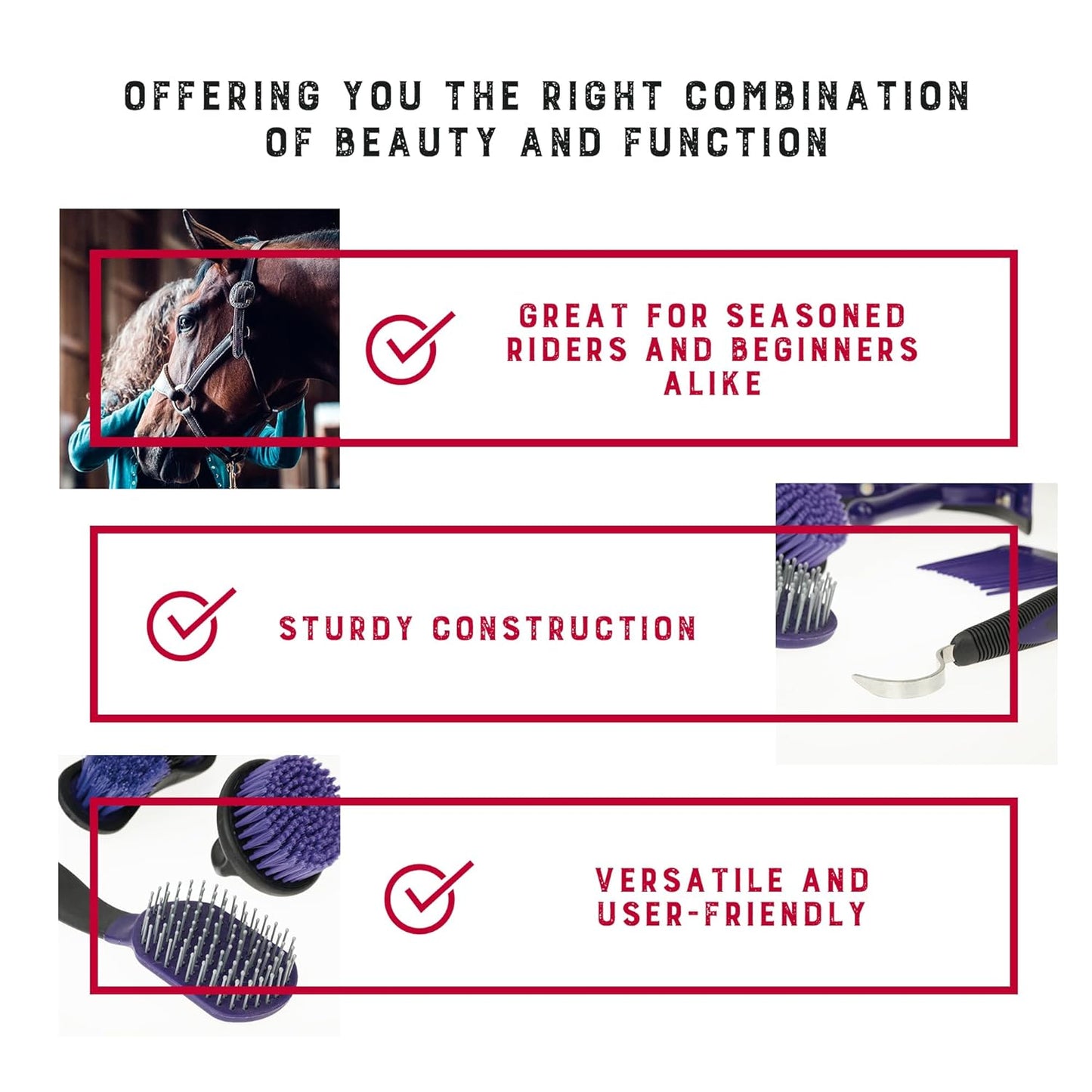 Weaver Equine 6-Piece Horse Grooming Kit, Ergonomic Gentle Horse Care Kit, Equestrian Supplies for Bathing Support, Detangling, and More, Purple/Black