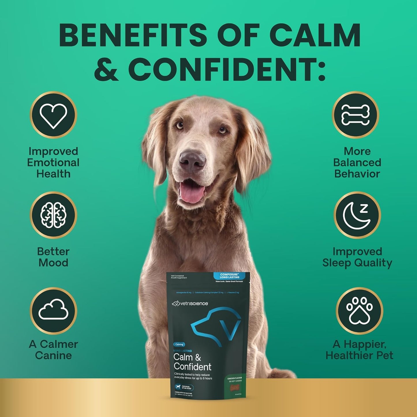 VetriScience Long Lasting Calm & Confident Calming Chews for Dogs, Supplement for Stress Support, Thunderstorms, Fireworks, & Travel, Chicken, Soft Chews, 90 Count - New Look