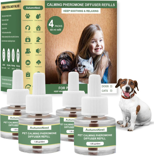 Dog Calming Pheromone Diffuser Refills, 4 Pack 48ml, Helps Dogs Relieve Anxiety, Reduce Stress, Aggression, Barking, Chewing, Scratching, Supports Dogs Travel, Vet Visits, Separation, Loud Noises