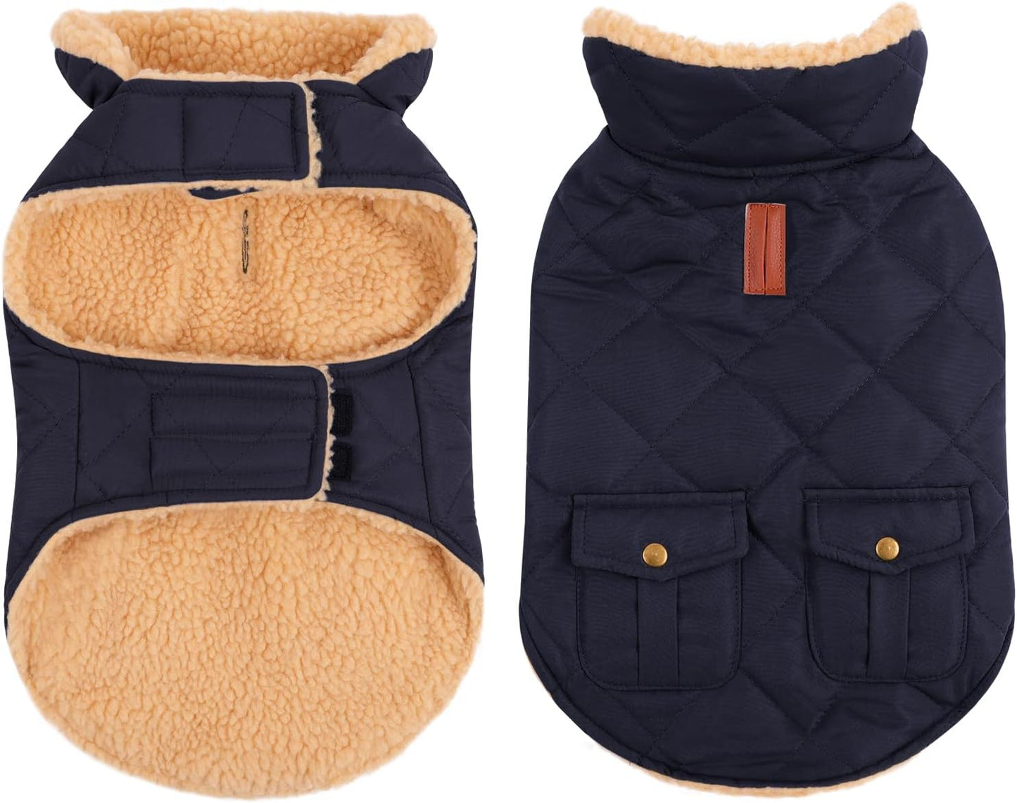Queenmore Warm Puffer Dog Coat, Quilting Winter Jacket Ultra Thick Plush Lining with Storage Pockets (Dark Navy, Large)