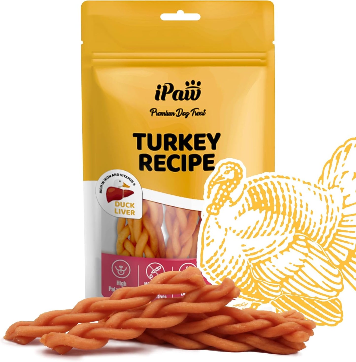 iPaw Turkey Dog Treats, All Natural Human Grade Dog Treat, Suitable for Training chew, US Sourced Raw Material, Hypoallergenic, Rawhide Alternative, Braided Stick (Duck Liver)