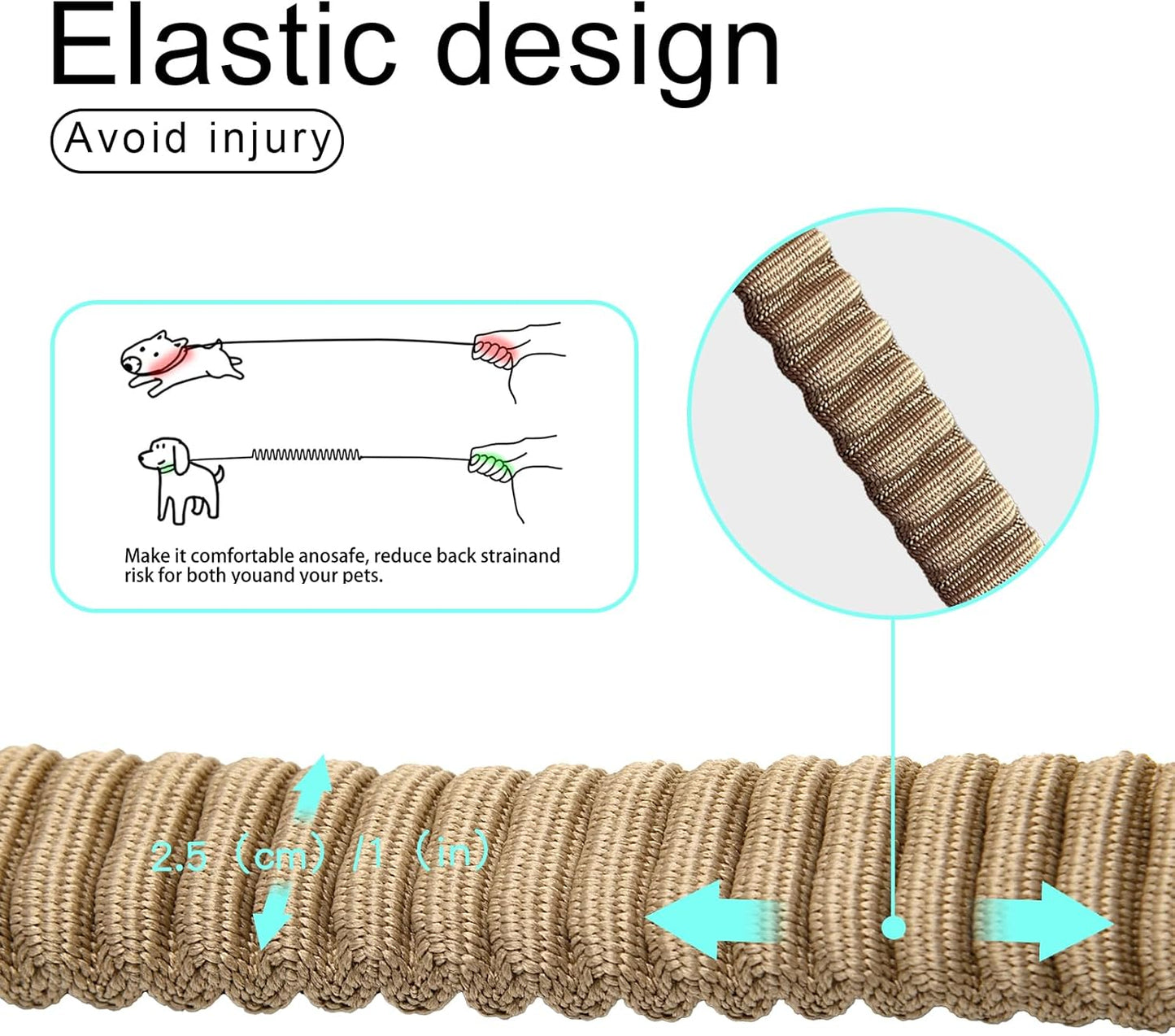 20” Strong Short Leash for Dog, Heavy Duty Bungee Dogs Leash with Padded Handle Car Seatbelt, Small Dog Training Leashs for Large or Medium Dogs - Can be Used with Other leashes (Khaki)