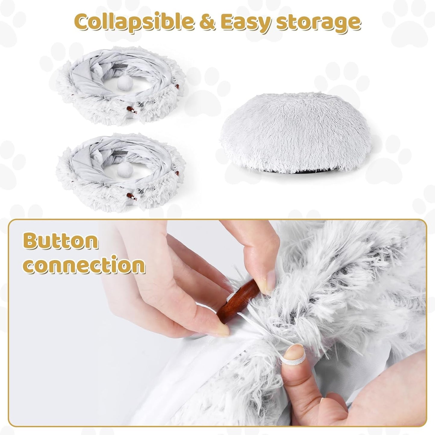 Odoland Cat Tunnel Bed with 20 Cat Toys - Indoor Plush Kitten Couch, Detachable Cats Cave Donut Tunnel & Soft Kitten Toy Set - Cozy Cat Furniture, White