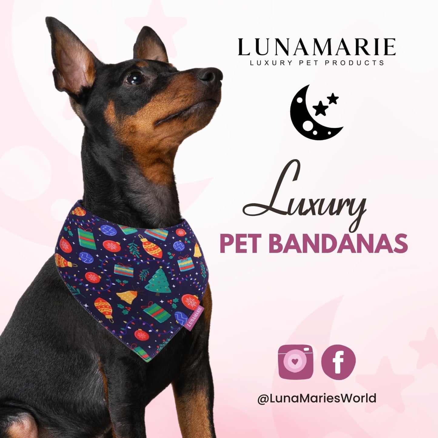 LunaMarie - Luxury Pet Birthday Bandanas -Premium & Silky Poly Fabric | 100% Handmade | Custom Shape Dual Layered (Christmas Tree, Large)