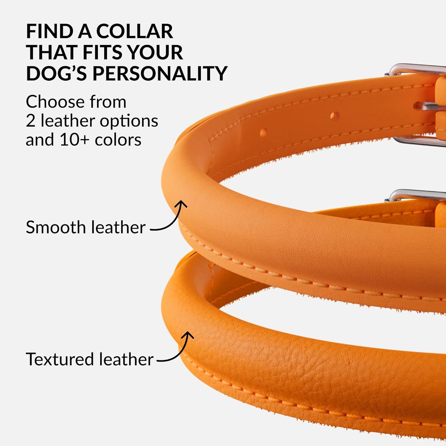 CollarDirect Rolled Leather Dog Collar, Soft Padded Round Puppy Collar, Handmade Genuine Leather Collar Dog Small Large Cat Collars 13 Colors (15-19 Inch, Orange Smooth)