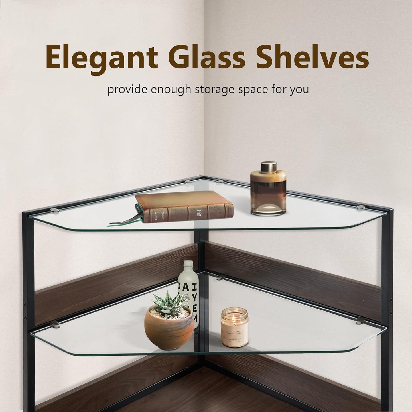 MCombo Small Corner Dog Crate Furniture with Glass Shelves, Wooden Dog Kennel Furniture with Door, Pet Crate Indoor Use, CN17 (Brown)