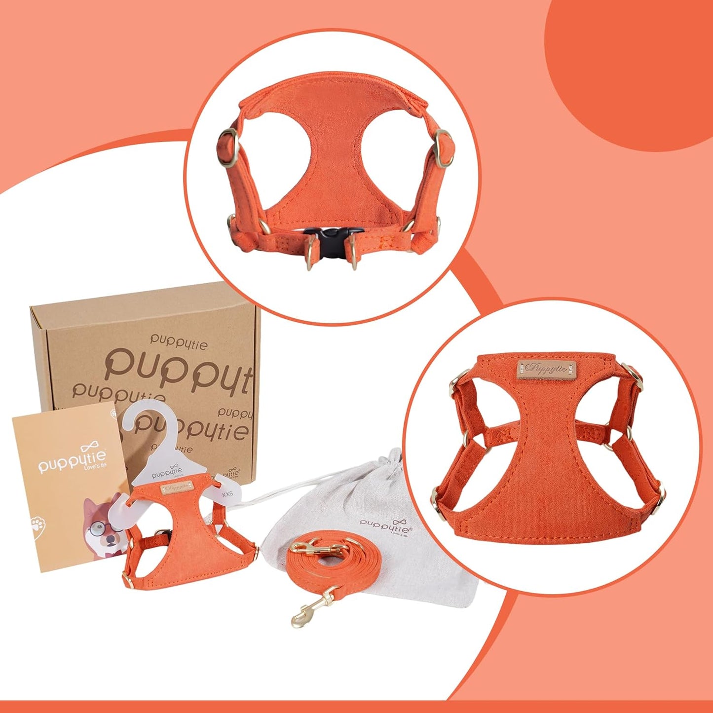 Puppytie No Pull Dog Harness with Multifunction Dog Leash,Soft Adjustable No Choke Escape Proof Pet Harness Vest for Medium Dogs or Large Dogs,Orange,M
