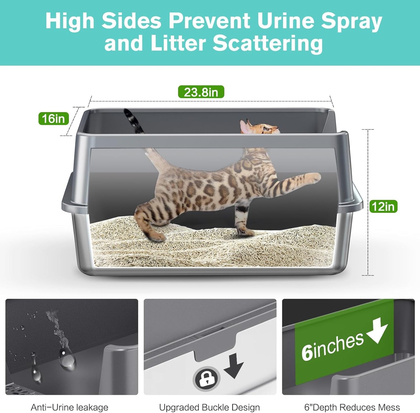 2PACK Stainless Steel Cat Litter Box with High Sides Lid, Extra Large XL Litter Box for Big Cats, Metal Kitty Litter Boxes with Anti-Leakage Enclosure,Non-Stick,Odorless,Scoop Included