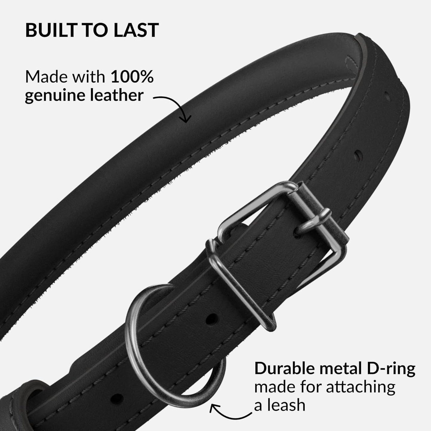 CollarDirect Rolled Leather Dog Collar, Soft Padded Round Puppy Collar, Handmade Genuine Leather Collar Dog Small Large Cat Collars 13 Colors (6 Inch, Black Smooth)