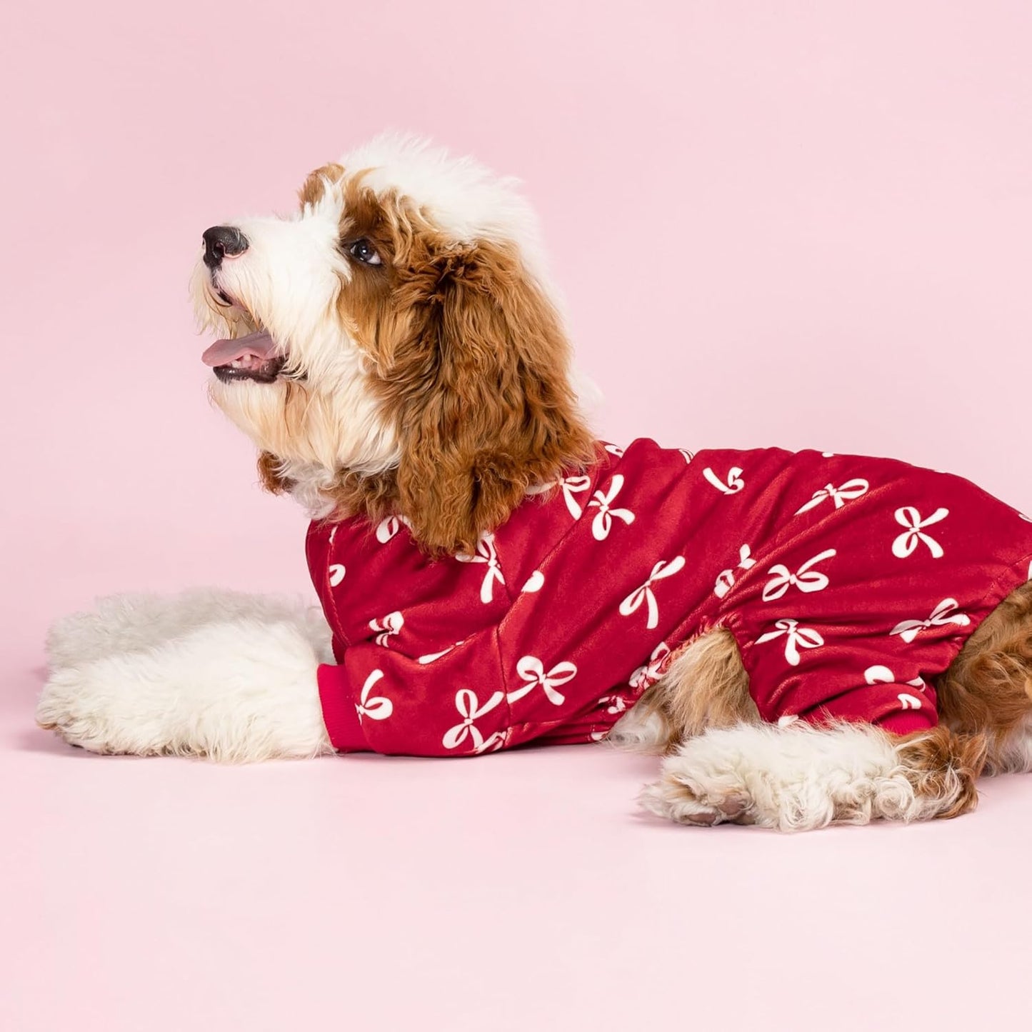 Fitwarm Bowknot Dog Pajamas, Warm Clothes for Small Dogs Girl, Fleece Pet Onesie with Feet, Burgundy Red, White, Large