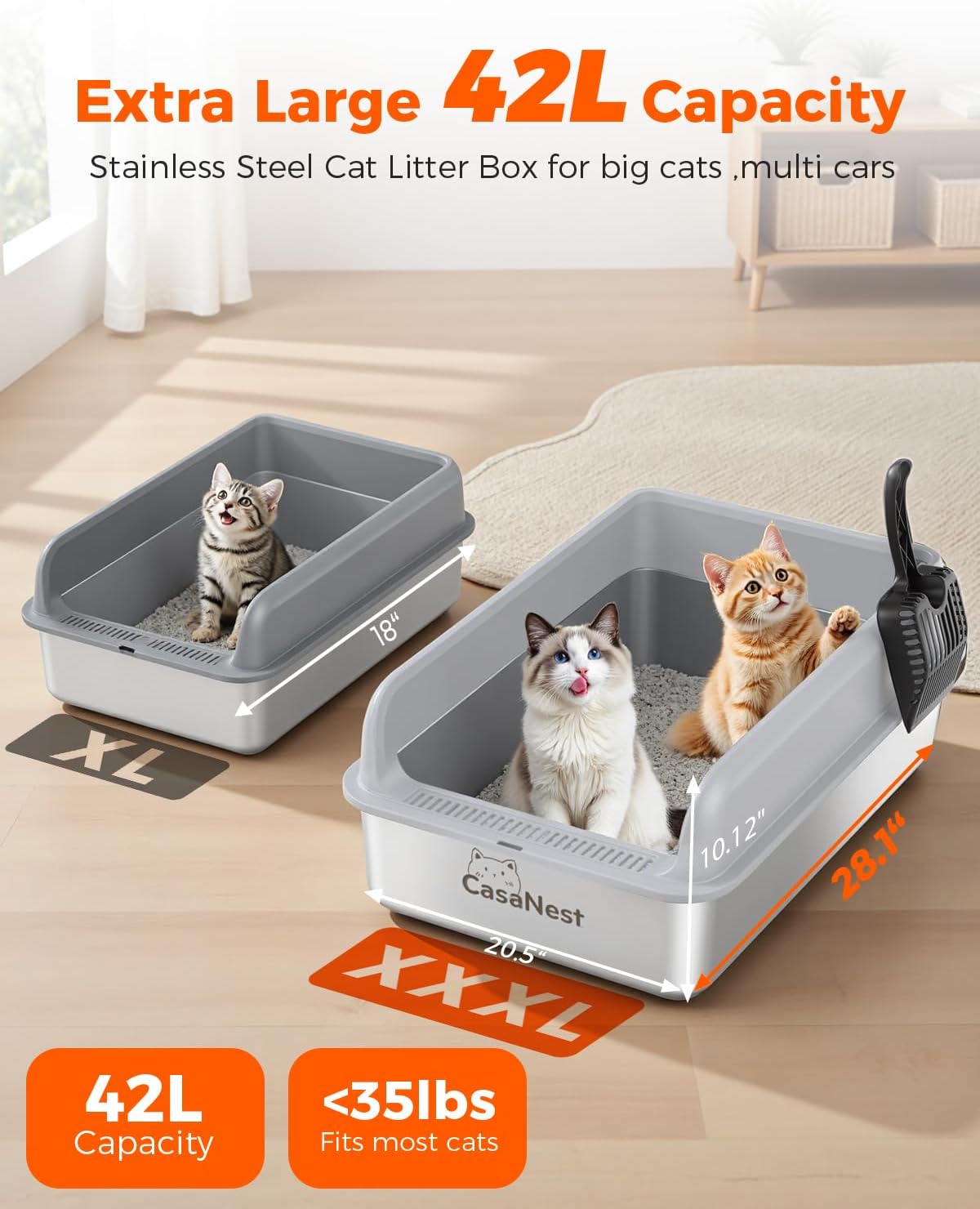 XXXL Stainless Steel Cat Litter Box 28.1''×20.5'' × 10.1” Extra Large Metal Cat Litter Box for Big, Multi Cats, Anti-Leakage & Non-Stick Metal Pan, Easy to Clean, Durable (Light Grey