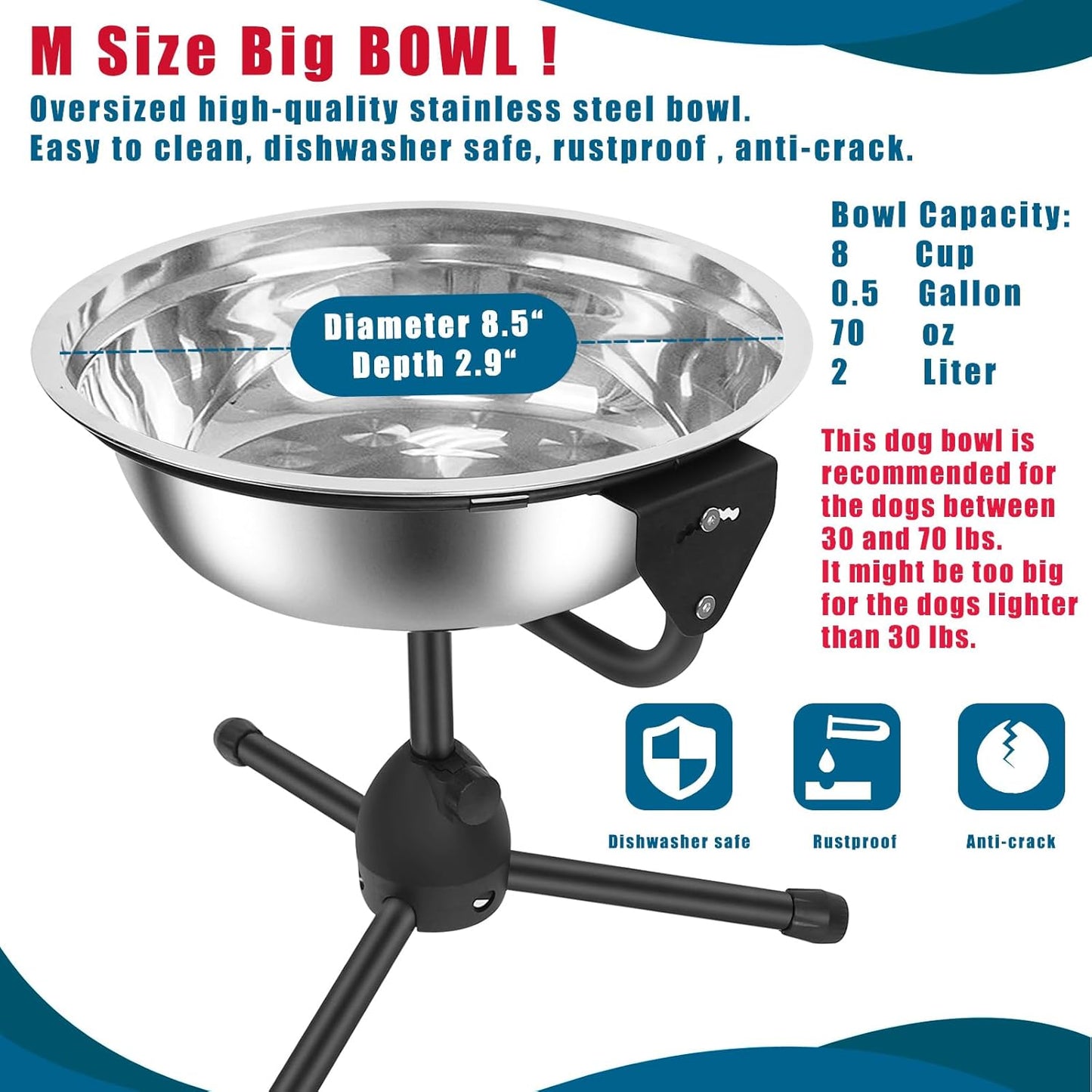 Elevated Dog Bowl with Adjustable Metal Stand, Medium Size for Dogs 30-70 lbs, 0.5 Gal 2 Liter, Stainless Steel Food & Water Bowl Set