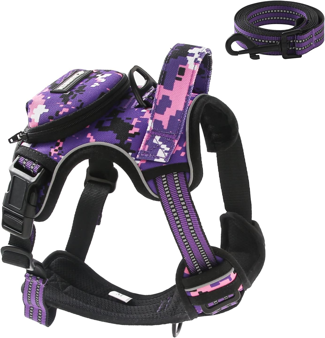 No Pull Dog Harness for Large Dogs, Adjustable No Choke Pet Vest with Dog Leash Fit Smart Reflective Pet Walking Harness for Training Easy Control Soft Handle Purple Camo XL