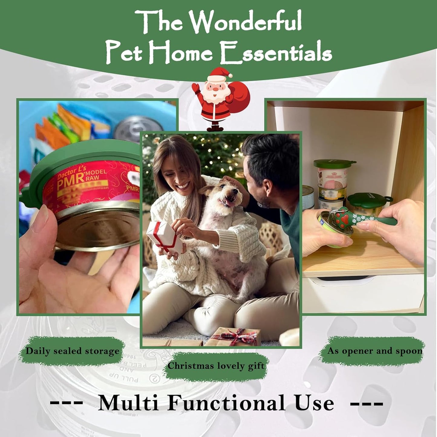 Christmas Pet Set - 3 Cat Food Can Lids & 1 BPA-Free Can Opener | Cute Paw Shape Opener Spatula Spoon for Wet Food | Silicone Spoon & Covers for Dog Cat - Christmas Green