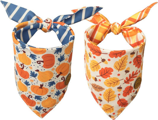 CROWNED BEAUTY Fall Dog Bandanas Reversible Large 2 Pack, Pumpkin Leaves Set, Orange Adjustable Triangle Holiday Scarves for Medium Large Dogs Boy Girl Pets DB180-L