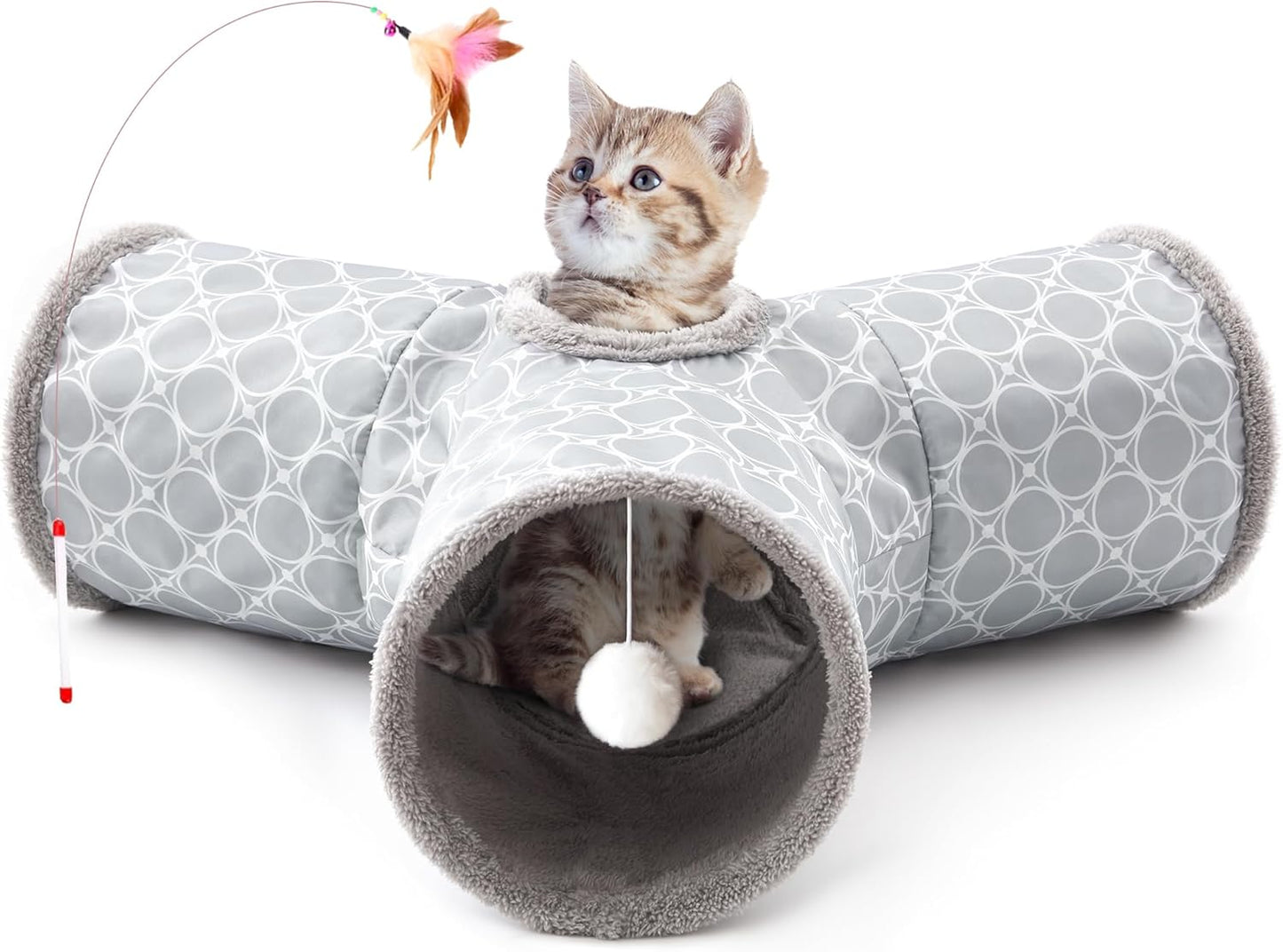 Tempcore Pet Cat Tunnel Tube Cat Toys 3 Way Collapsible, Cat Tunnels for Indoor Cats Fleece-Lined in for Warmth，Kitty Tunnel Bored Pet Toys Peek Hole Toy Ball Cat, Puppy, Kitten, Geometry Grey