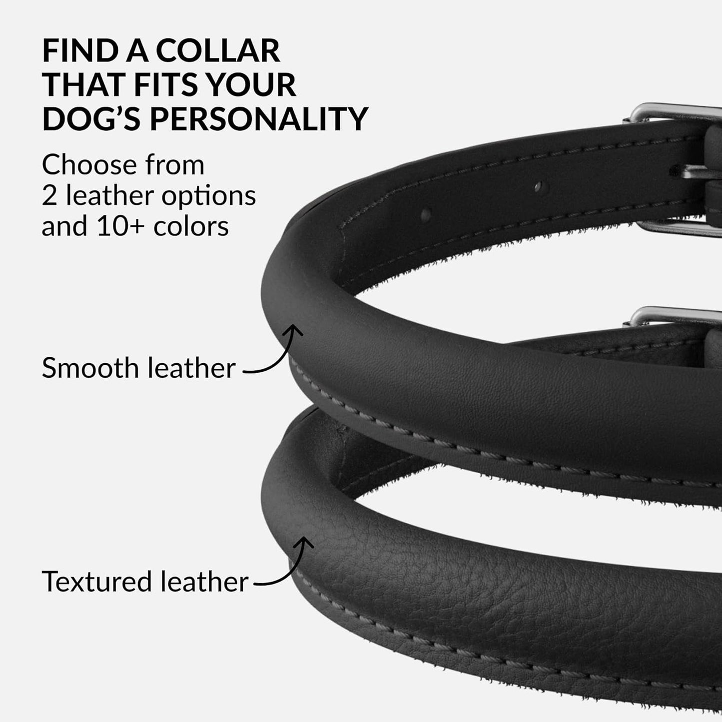 CollarDirect Rolled Leather Dog Collar, Soft Padded Round Puppy Collar, Handmade Genuine Leather Collar Dog Small Large Cat Collars 13 Colors (15-19 Inch, Black Smooth)