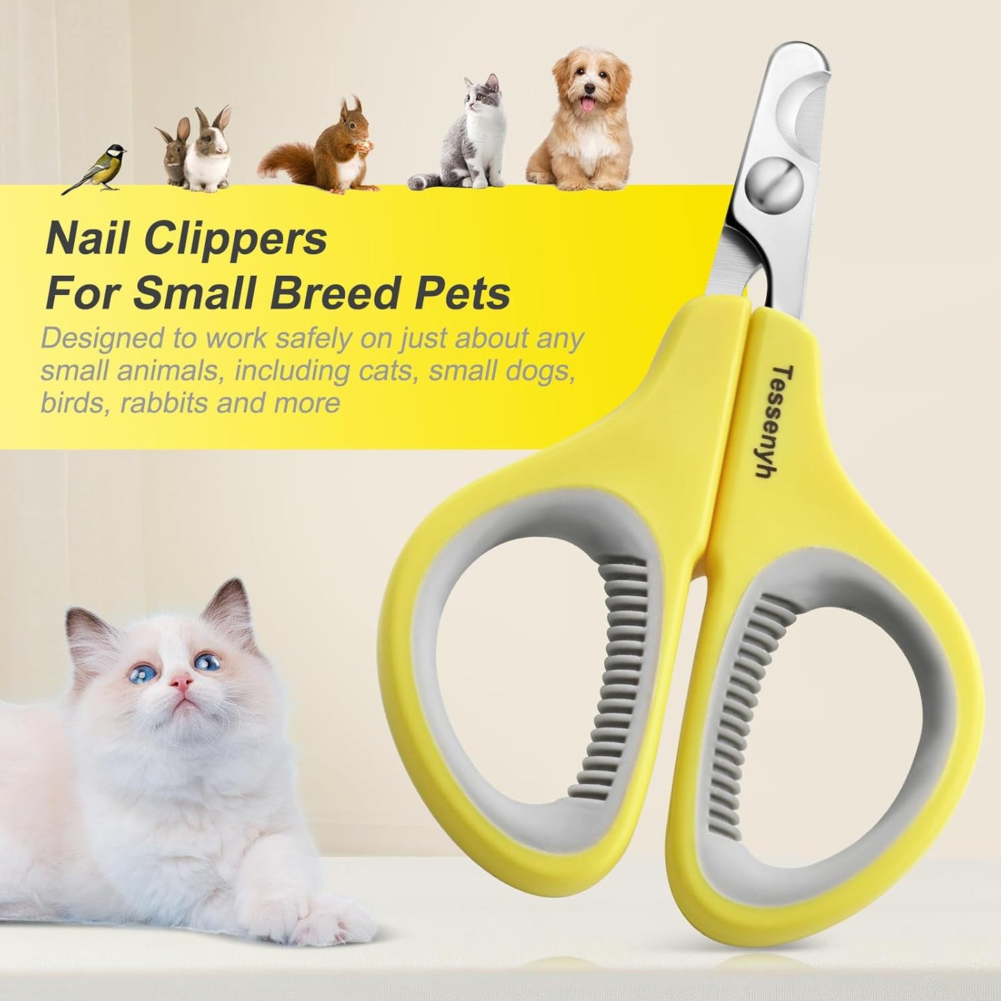 Professional Cat Nail Clipper, Stainless Steel Cat Nail Trimmer for Small Animals, with Sharp Blade and Anti-Slip Handles for Safe and Effective Grooming