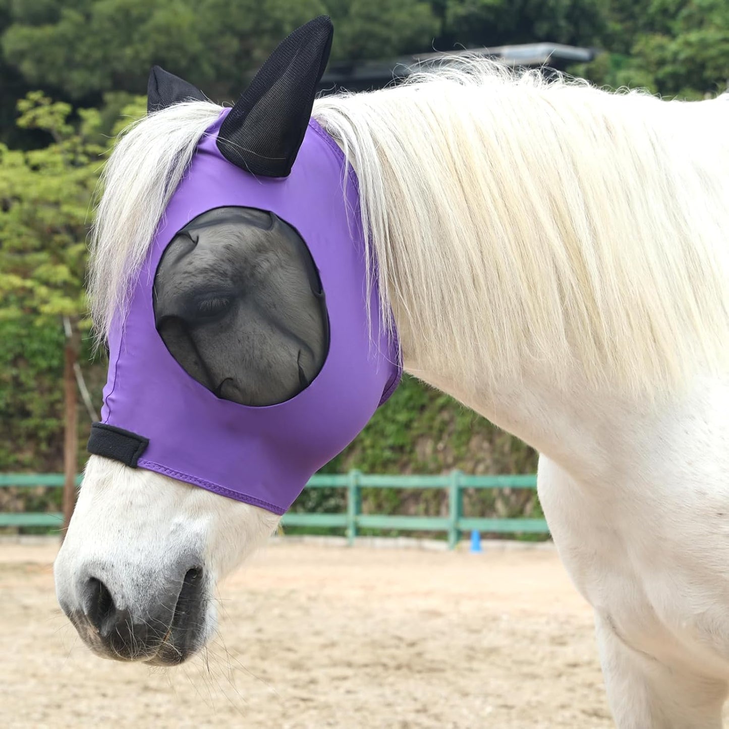 Horse Fly Mask with Ears - Large Eye Space for Full Vision, Breathable Stretch Comfort Fit, UV Protection, Forelock Opening, Easy Pull-On Violet Pony