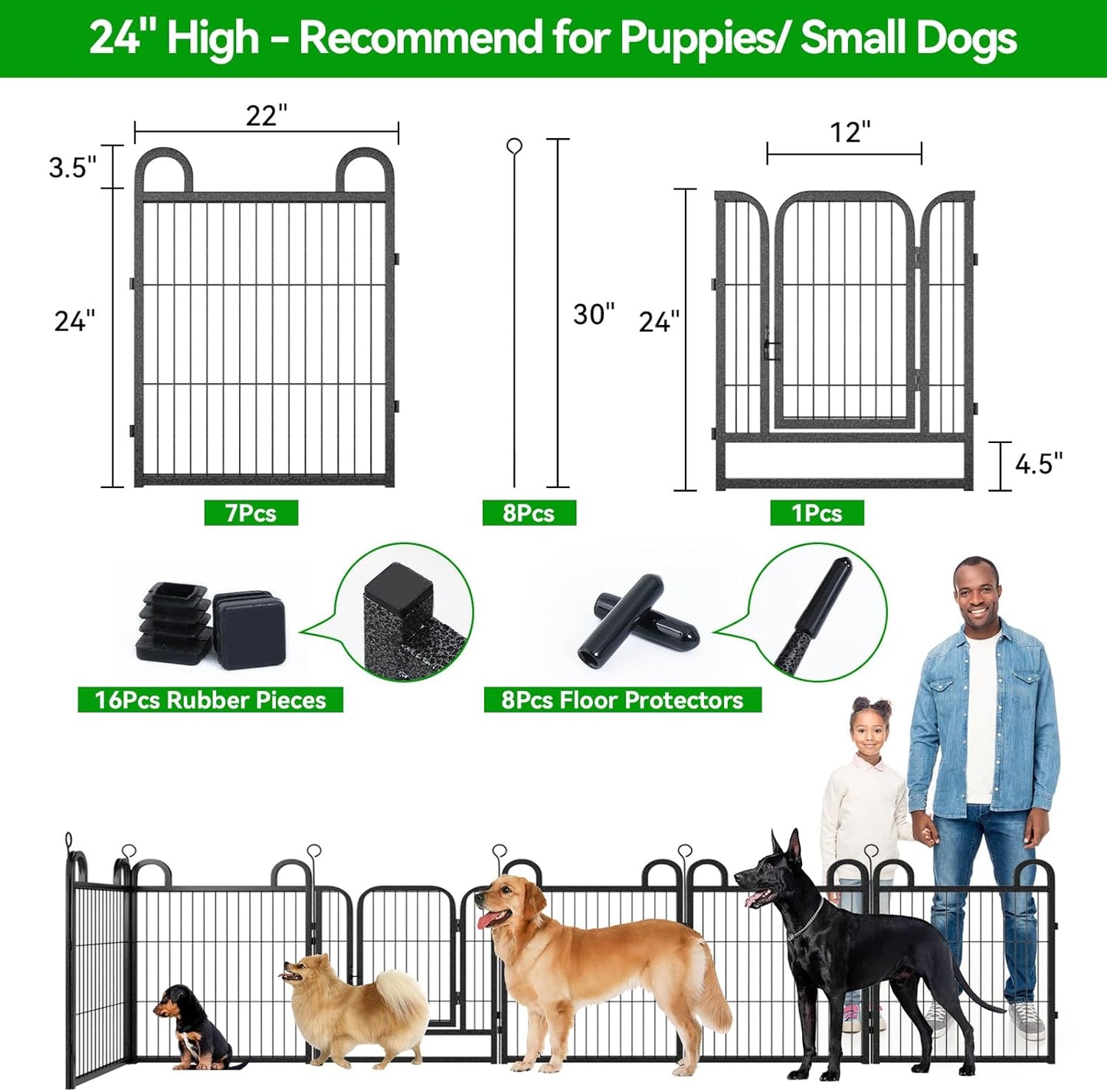 Puppy Playpen 8 Panels Small Dog Fence Outdoor Indoor Use 24" Height Anti-Rust with Doors Portable Dog Play Pen for RV Camping Yard, Total 15FT, 17 Sq.ft, Snowy Black