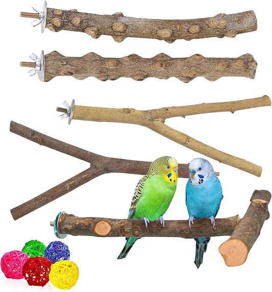 kathson 5pcs Natural Parrot Perch for Cage Wooden Bird Perches Grape Bird Stick Parakeet Climbing Standing Branches Toy Chewable Cage Accessories for Small Budgies Cockatiels Lovebirds Budgies