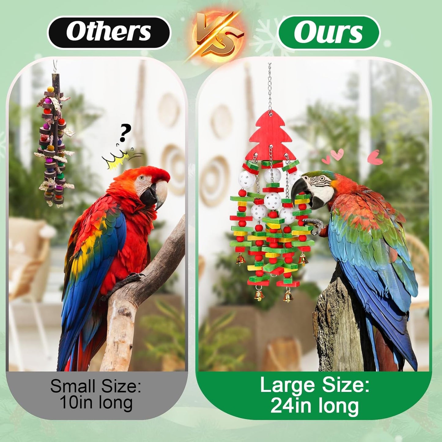 MEWTOGO Christmas Large Bird Toy - Natural Wooden Parrot Chewing Toy With Colorful Edible Blocks for Macaw African Grey Amazon Parrots, Xmas Gifts Bird Playing (Red)