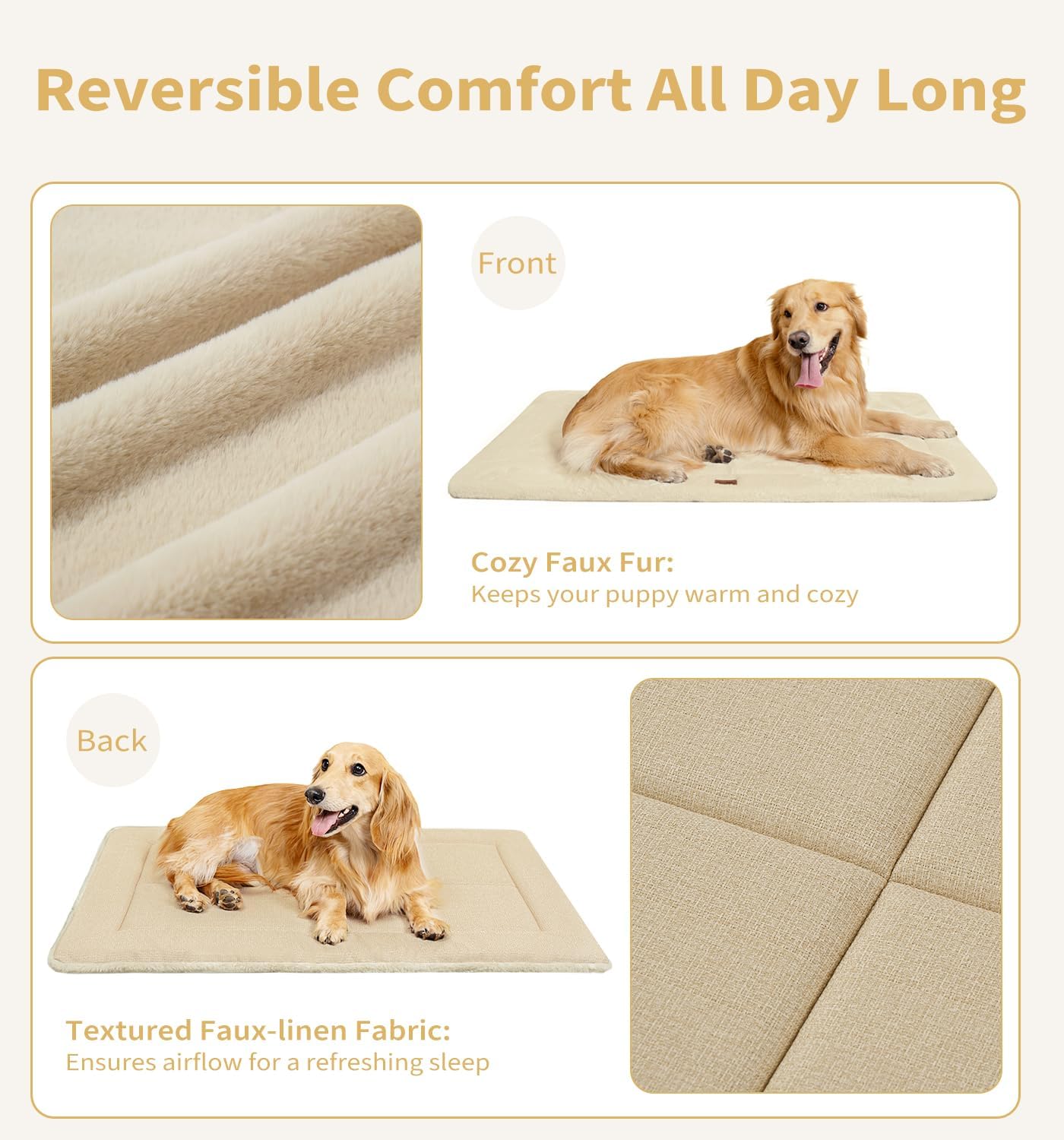 MADE 4 PETS Dog Crate Pad Bed for Large Dogs, Washable & Reversible, Anti-Slip Kennel Mat for Cozy Sleeping, Soft Fluffy Dog Bed for Indoor & Outdoor Use, 36"x27", Beige