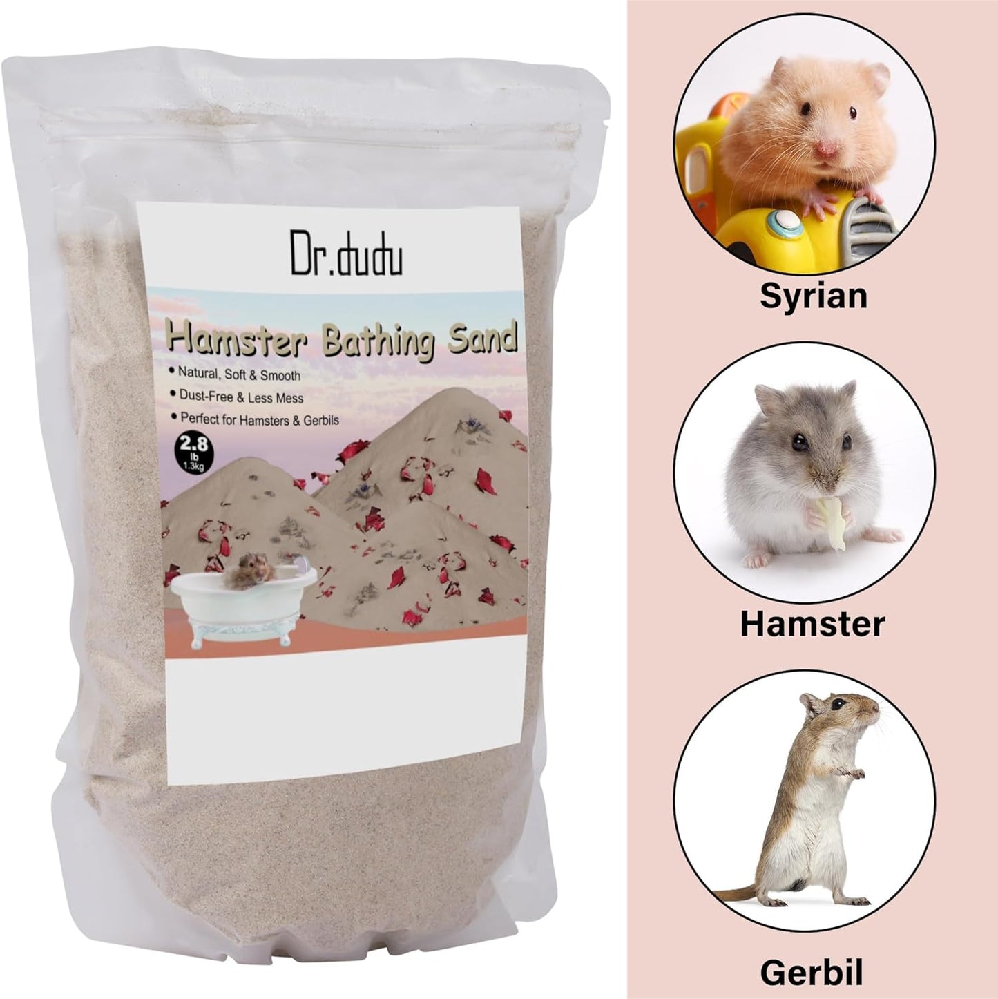 DR.DUDU Hamster Bath Sand, 2.8lb Dust Free Desert Sand or Potty Litter Sand for Hamster Chinchillas Gerbil Syrian Mice Small Animals (Beige, Flower Smell)