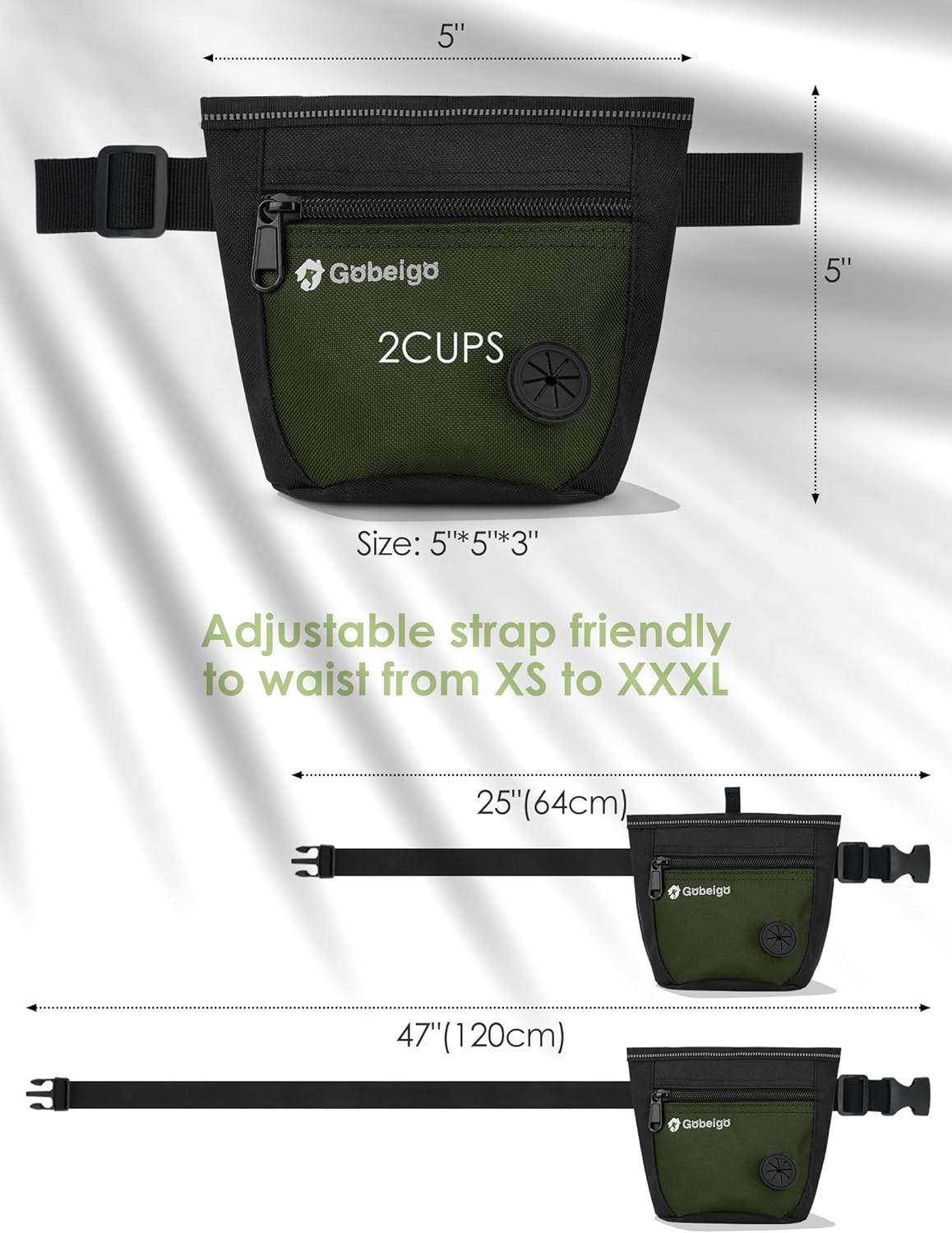 Gobeigo Dog Treat Pouch and Training Clicker, Upgrade Two Magnetic Closure to Prevent Spills, 2 Cup Treat Bag with Poop Bag Dispenser, Metal Clip Waist Belt Fanny Pack for Pet Walk (Black/Army Green)