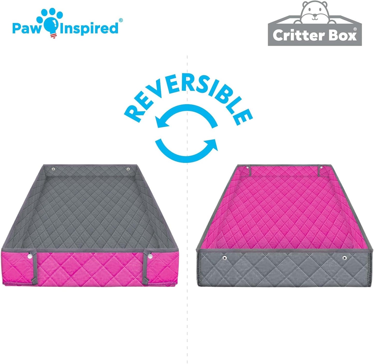 Paw Inspired Critter Box Washable Cage Liner, Reversible Fleece Bedding with Raised Sides for Guinea Pigs and Other Small Animals (2x4 (12" Grids), Gray/Pink)