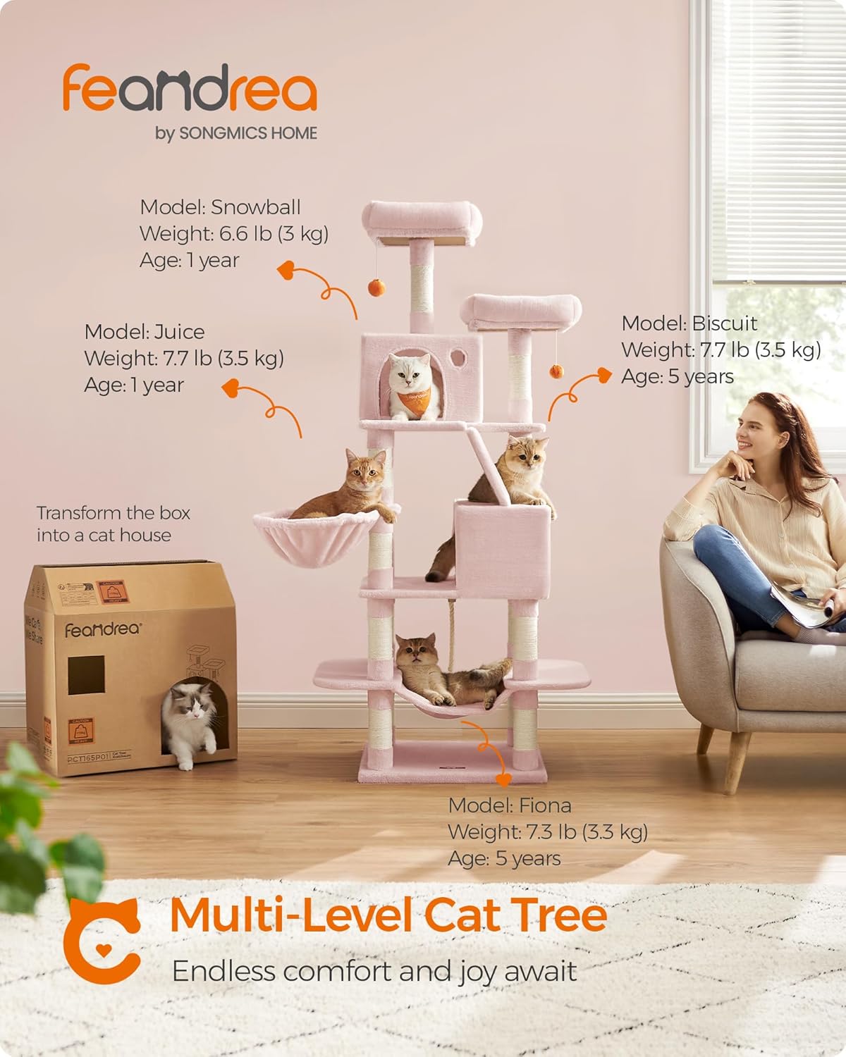 Feandrea Cat Tree, 66.1-Inch Large Cat Tower with 13 Scratching Posts, 2 Perches, 2 Caves, Basket, Hammock, Pompoms, Multi-Level Plush Cat Condo for Indoor Cats, Jelly Pink UPCT165P01