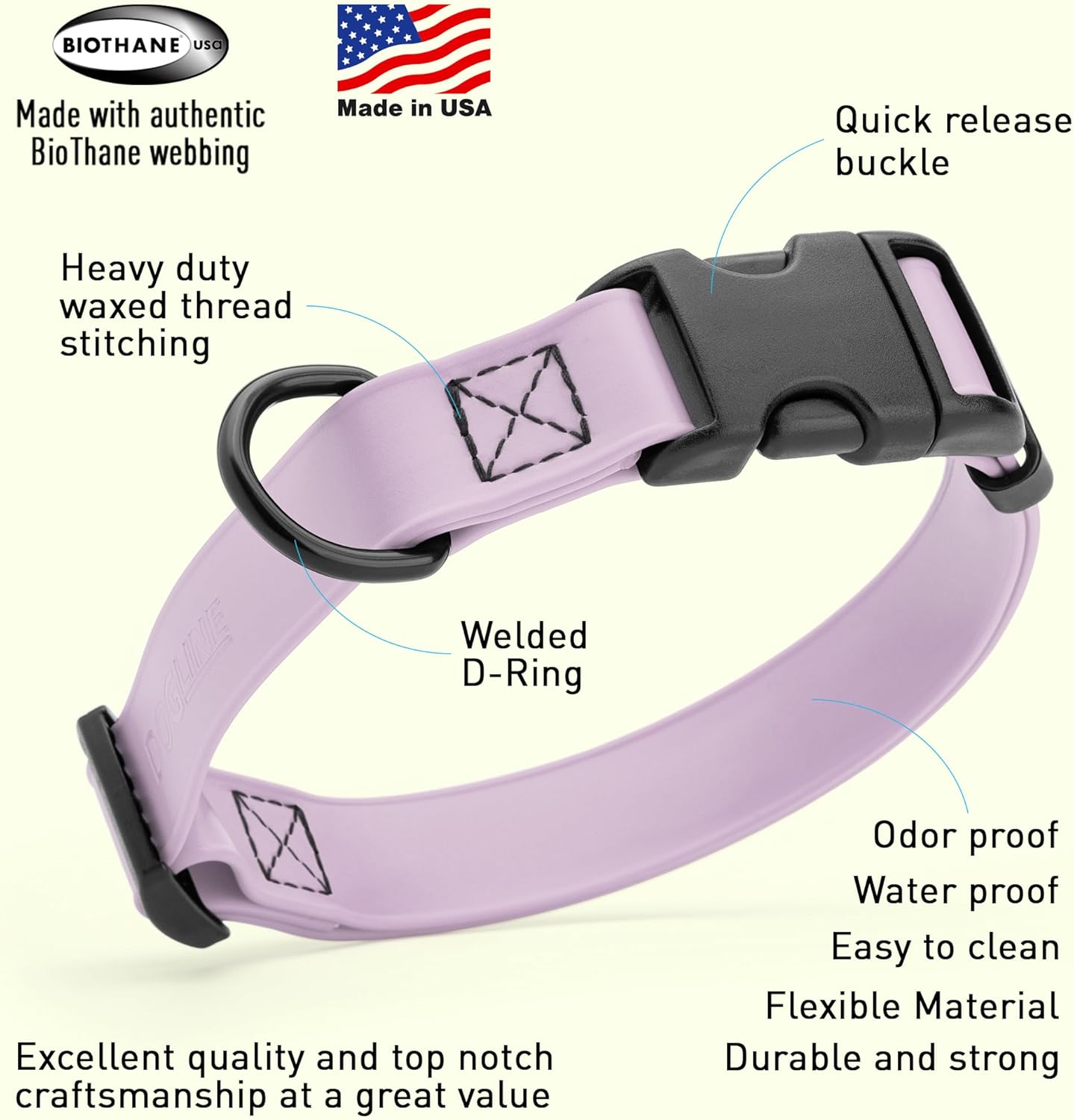 Dogline Biothane Waterproof Dog Collar with Quick Release Buckle Strong Coated Nylon Webbing with Odor- Proof for Easy Care Easy to Clean Fits Small Medium Large Dogs, Lavender 5/8" W 9-14" L