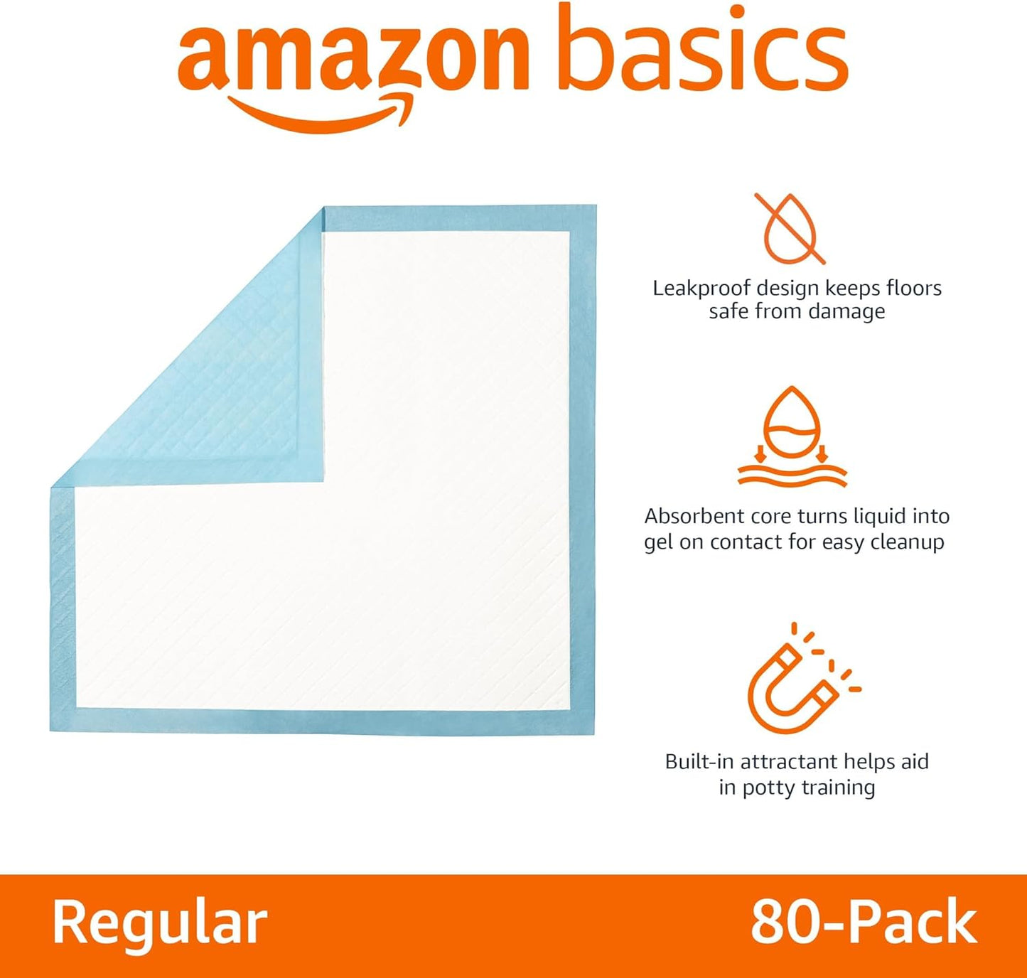 Amazon Basics Heavy Duty Dog and Puppy Pee Pads, 5-Layer Leak-Proof Ultra Absorbent, Quick-Dry Surface, Potty Training, Regular (24x23"), 80 Count, Blue & White