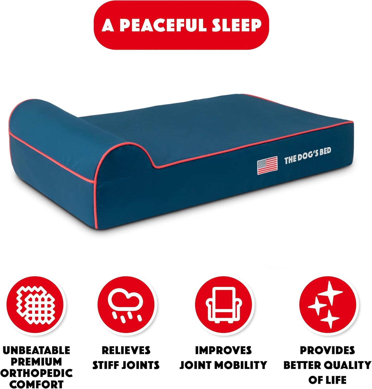 The Dog’s Bed Orthopedic Headrest Dog Bed Large Blue Oxford with Red Trim US Flag Dog Bed 40x25, Memory Foam, Hip & Elbow Dysplasia, Lameness, Veterinary Approved, Waterproof Washable Cover