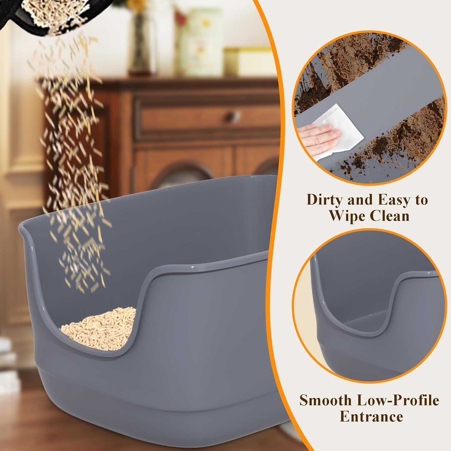 Gefryco Large Cat Litter Box with High Sided 24.6"x18.3"x12.2" - Jumbo Extra Large Open Anti - Splashing High Wall for Multiple Cats (Grey)
