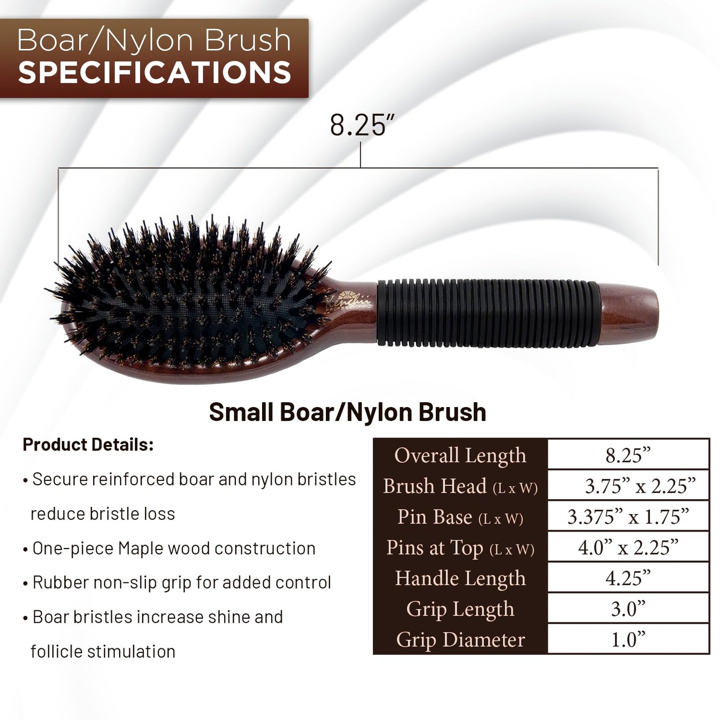 Kenchii Boar and Nylon Bristle Dog/Cat Grooming Brush with One-Piece Maple Body-Choose Size Large, Small (Small)