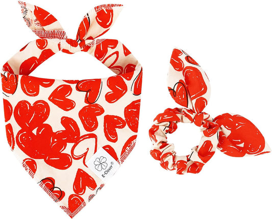 E-Clover Cute Dog Bandana & Matching Scrunchie-Heart Dog Bandanas Red Pet Scarf Bib for Medium Large Dogs Girl Boy Owner Mothers Day Mom Gift