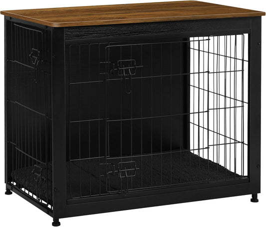 DWANTON Dog Crate Furniture with Cushion, Wooden Kennel Table with Double Doors, Indoor Dog House, Medium Size, 32.5" L, Black+Warm Brown