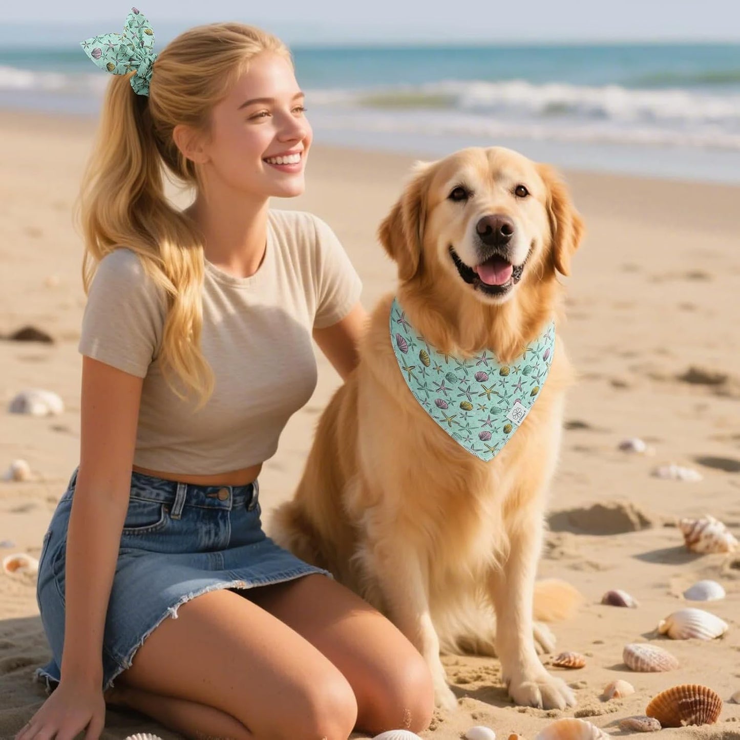 E-Clover Summer Starfish Dog Bandanas & Matching Scrunchie Set Blue Dog Scarf Bibs Pet Bandana with Bow Tie for Medium Large Dogs Owner Mom