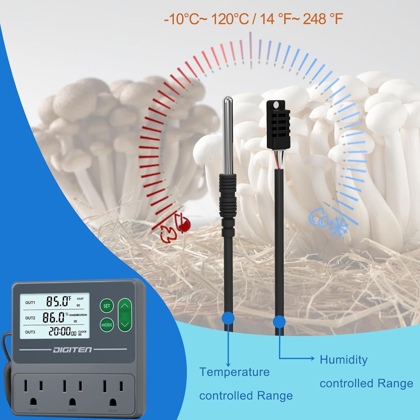 DIGITEN Temperature and Humidity Controller with Timer - 3 Outlet, 2 Separate Probes, Plug in Temperature Controller for Reptiles,Snake, Mushrooms, Tent, Triple Control for Temp,Humidity,Time