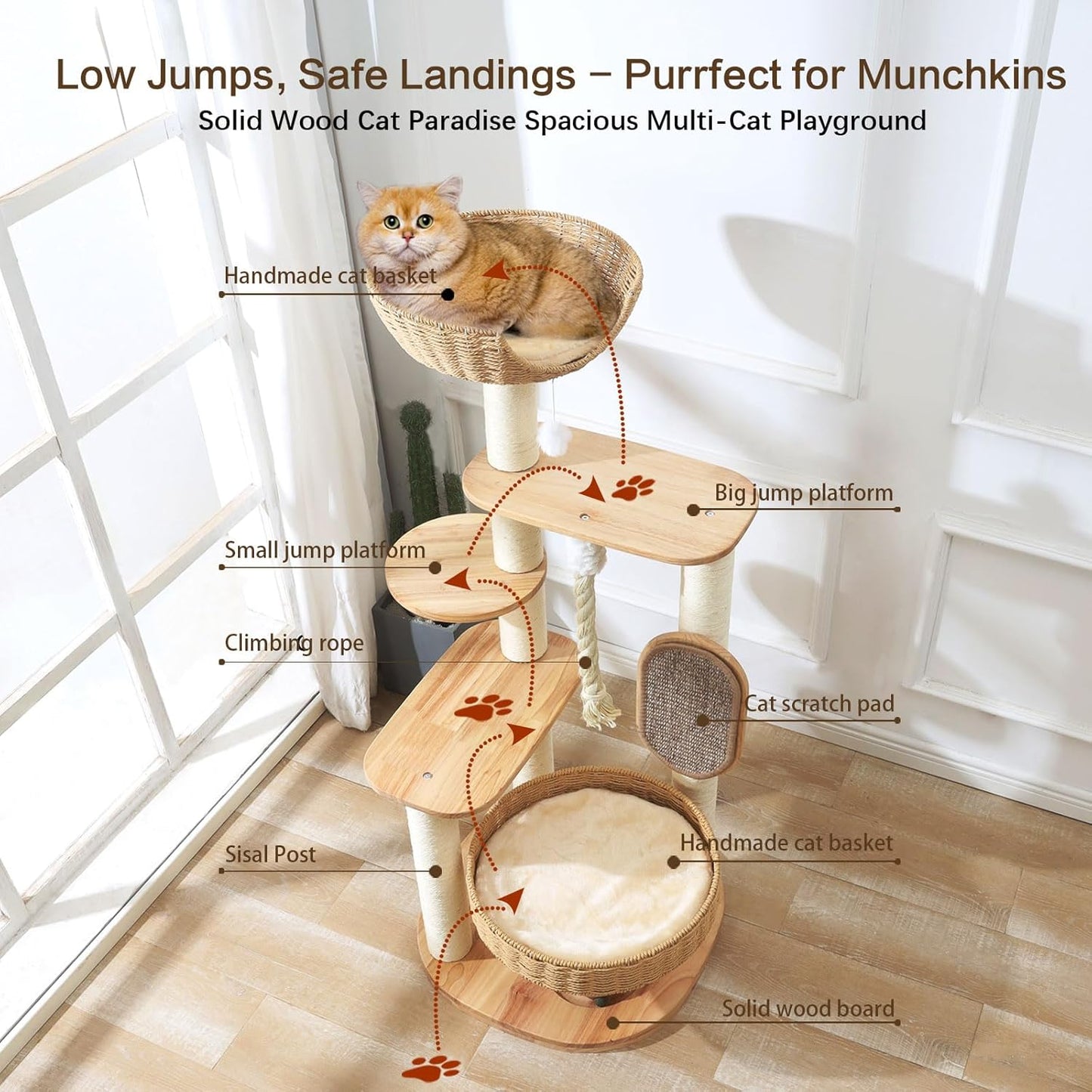 Wooden Cat Tree for Large Cat, 49.6-Inch Tall Cat Tower with Scratching Post for Indoor Cats, Multi-Level Cat Condo with Hand-Woven Cat Bed and Scratching Board Easy to Clean